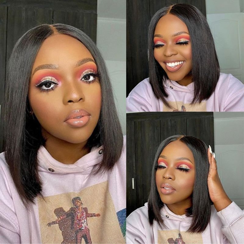 Factory Price Black Short Straight Medium Split Bob Silk Chemical Fiber Synthetic Lace Front Wig
