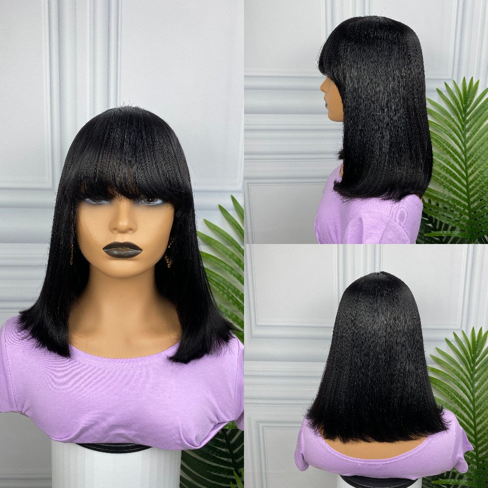 Cheap Wholesale Glueless Virgin Peruvian Short Bone Straight Natural Human Hair Bob Wigs With Bangs Vendor For Black Women