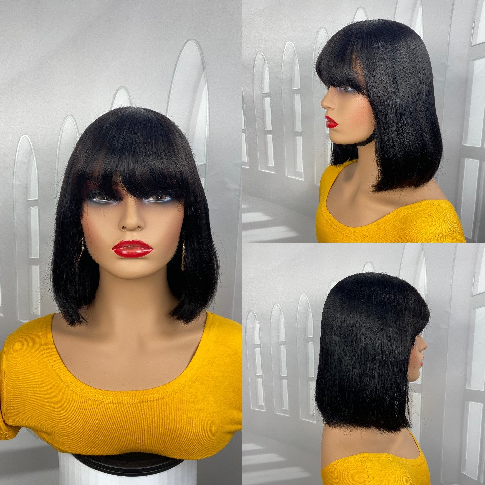 Cheap Wholesale Glueless Virgin Peruvian Short Bone Straight Natural Human Hair Bob Wigs With Bangs Vendor For Black Women