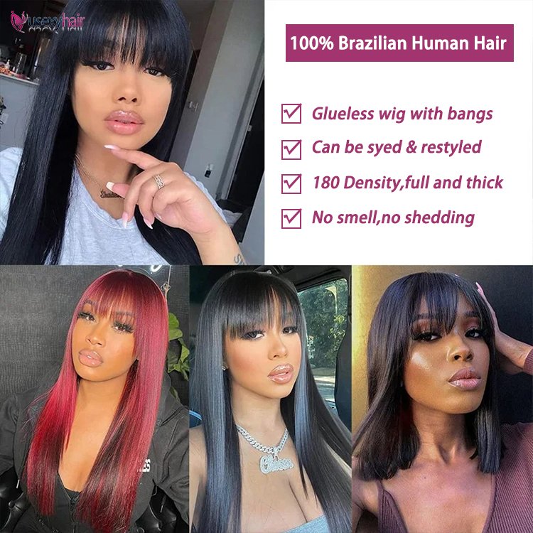 100% Human Hair Wig With Bangs Short Bob Human Hair Wigs For Black Women Cheap Brazilian Straight Black 30 Inch Long Fringe Wig