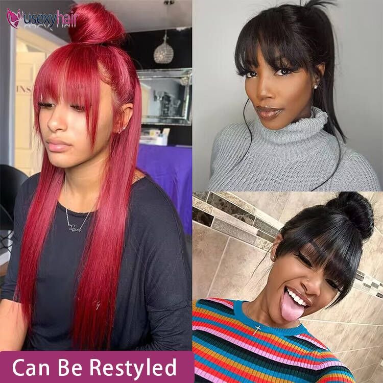 100% Human Hair Wig With Bangs Short Bob Human Hair Wigs For Black Women Cheap Brazilian Straight Black 30 Inch Long Fringe Wig