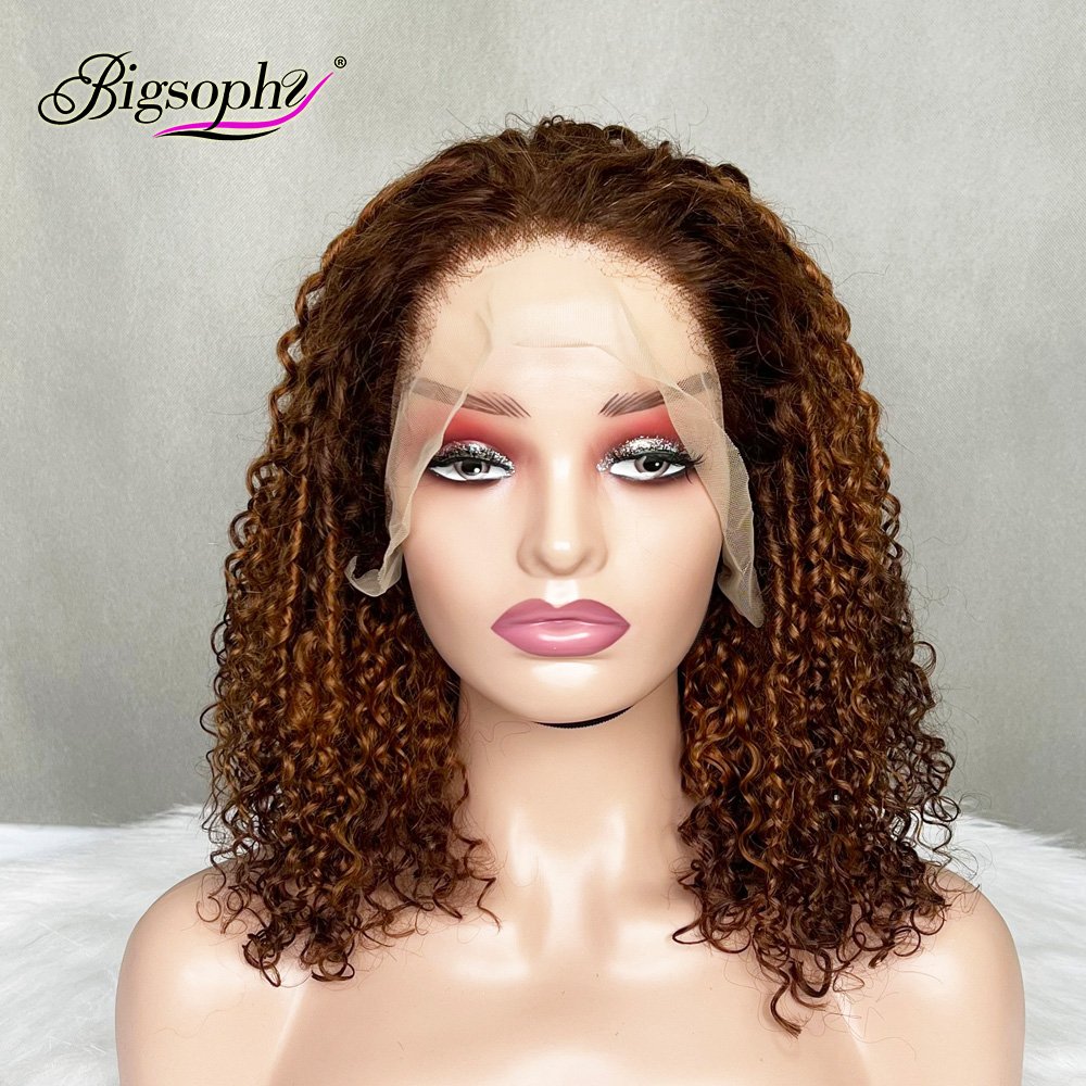 Transparent Single Knot Lace Front Pixie Curly Three Tone Ombre Color Bob Human Hair Wig Glueless Factory Price