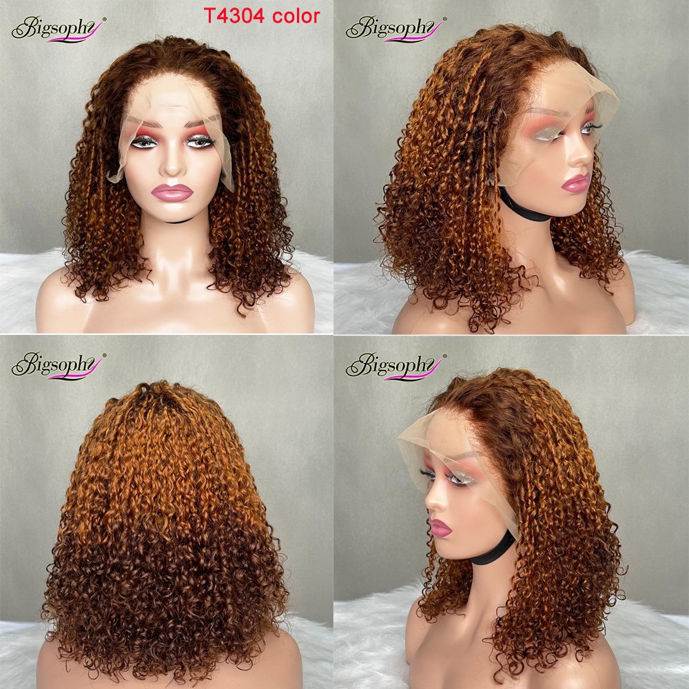Transparent Single Knot Lace Front Pixie Curly Three Tone Ombre Color Bob Human Hair Wig Glueless Factory Price
