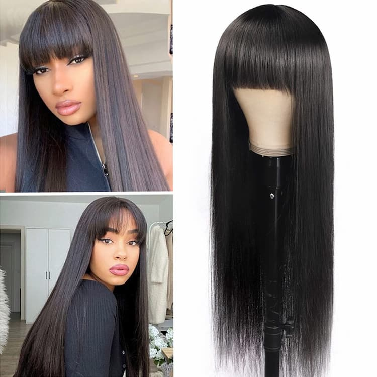 Megalook Brazilian Body Wave Full Machine Made Wig With Bangs No Lace Front Nature color Human Hair Wigs