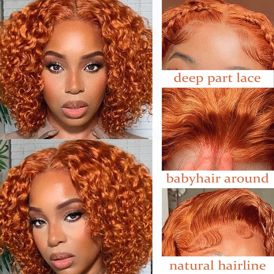 Ginger Orange Curly Short Bob Human Hair Lace Wigs,13x6 HD Lace Front Human Hair Wig Glueless Pre Plucked With Baby Hair