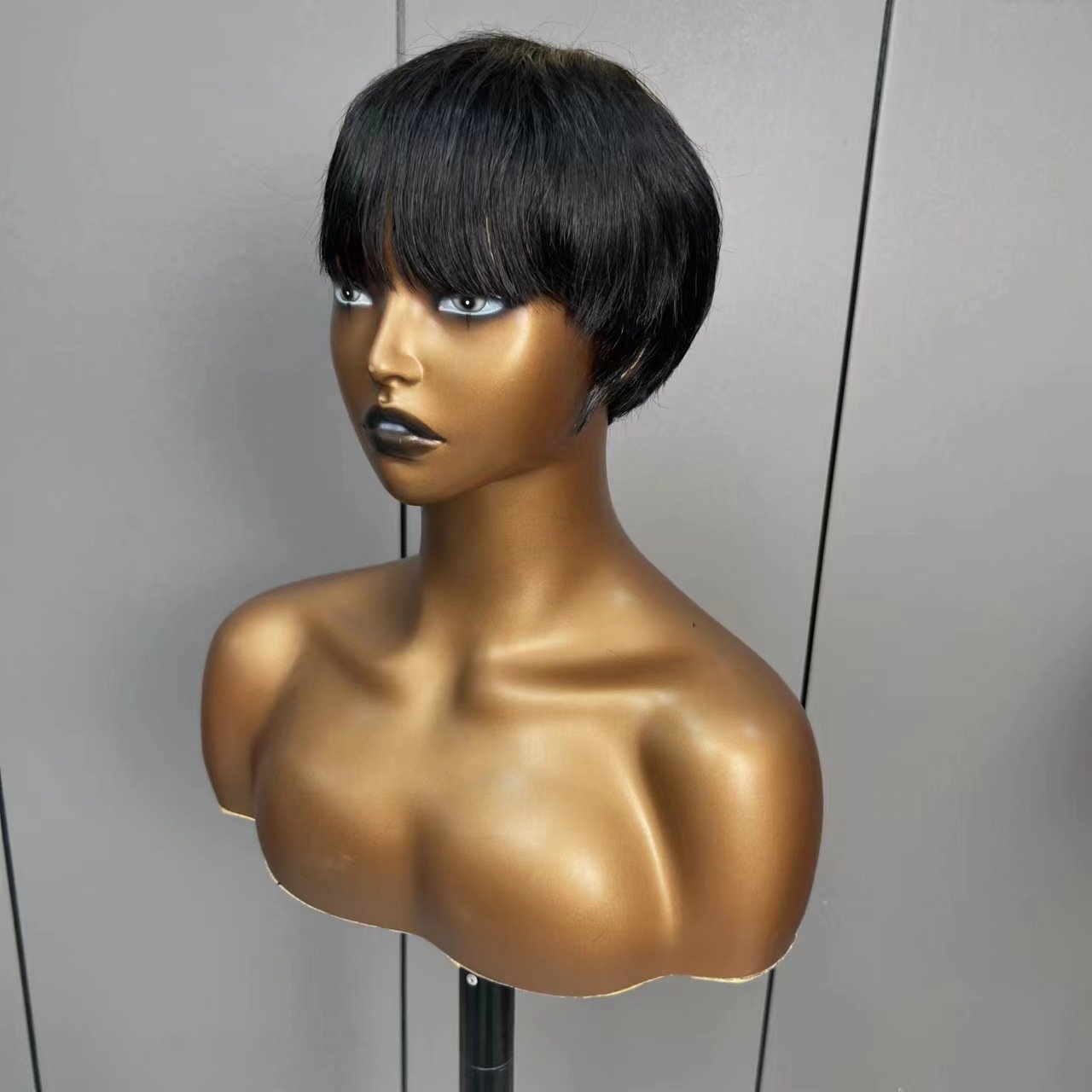 Short Pixie Cut Human Hair Machine Made Human Hair Wig Black Layered Pixie Wave Wigs For Black Women None Lace