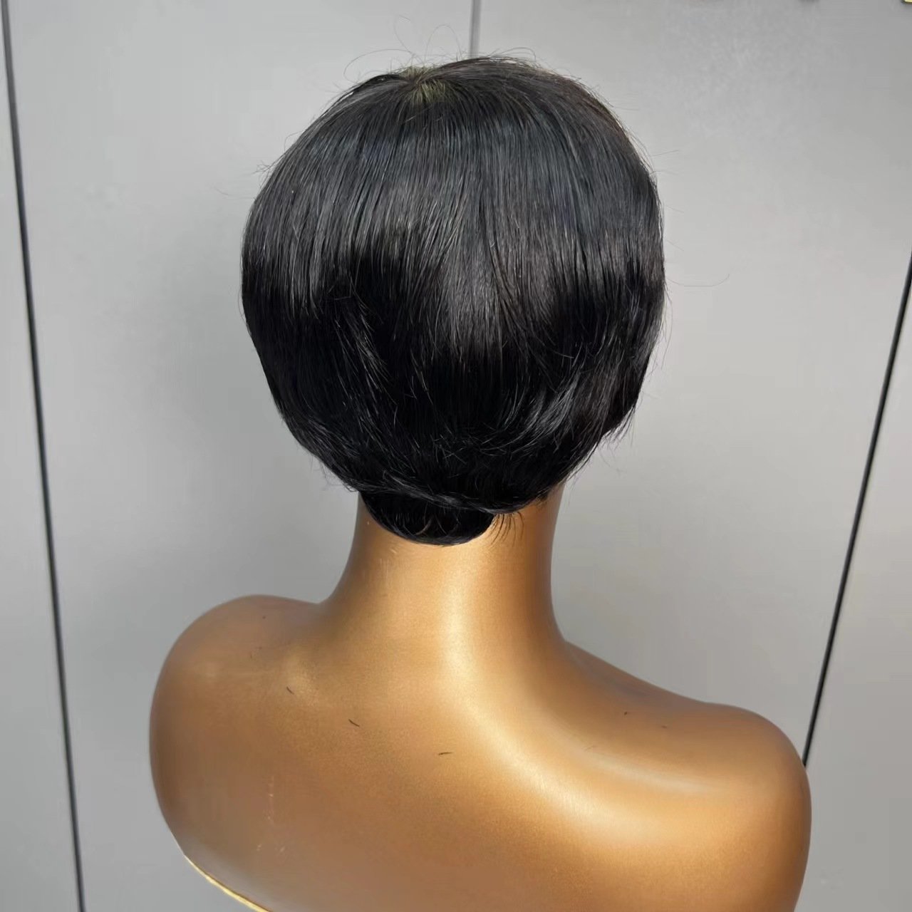 Short Pixie Cut Human Hair Machine Made Human Hair Wig Black Layered Pixie Wave Wigs For Black Women None Lace