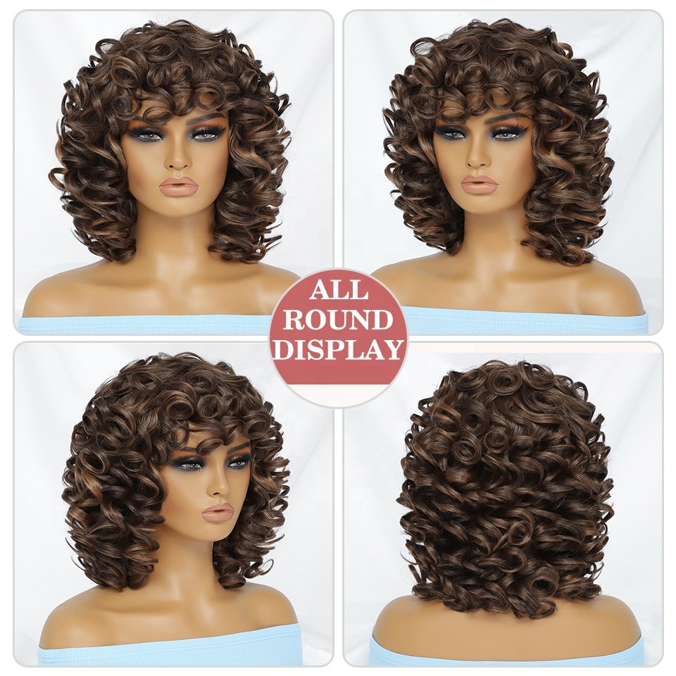 wholesale Synthetic Fiber Wave Wigs Heat Resistant Short Afro Kinky Curly Style Machine Made Wig with Bangs For Black Women