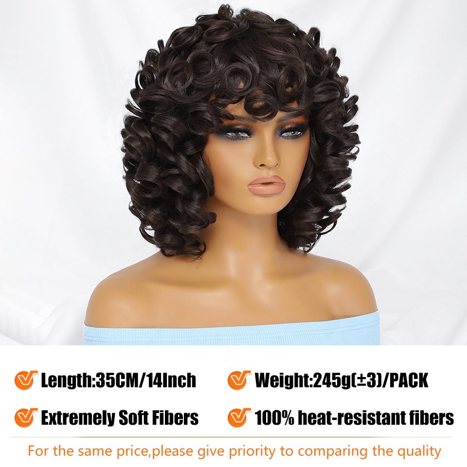 wholesale Synthetic Fiber Wave Wigs Heat Resistant Short Afro Kinky Curly Style Machine Made Wig with Bangs For Black Women