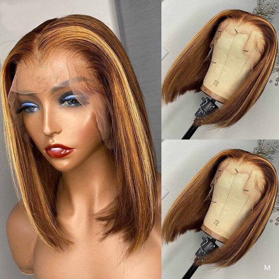 Highlight Wig 13x4 HD Transparent Lace Front Straight Bob Wig Brown Honey Blonde Short Bob Lace Front Wig