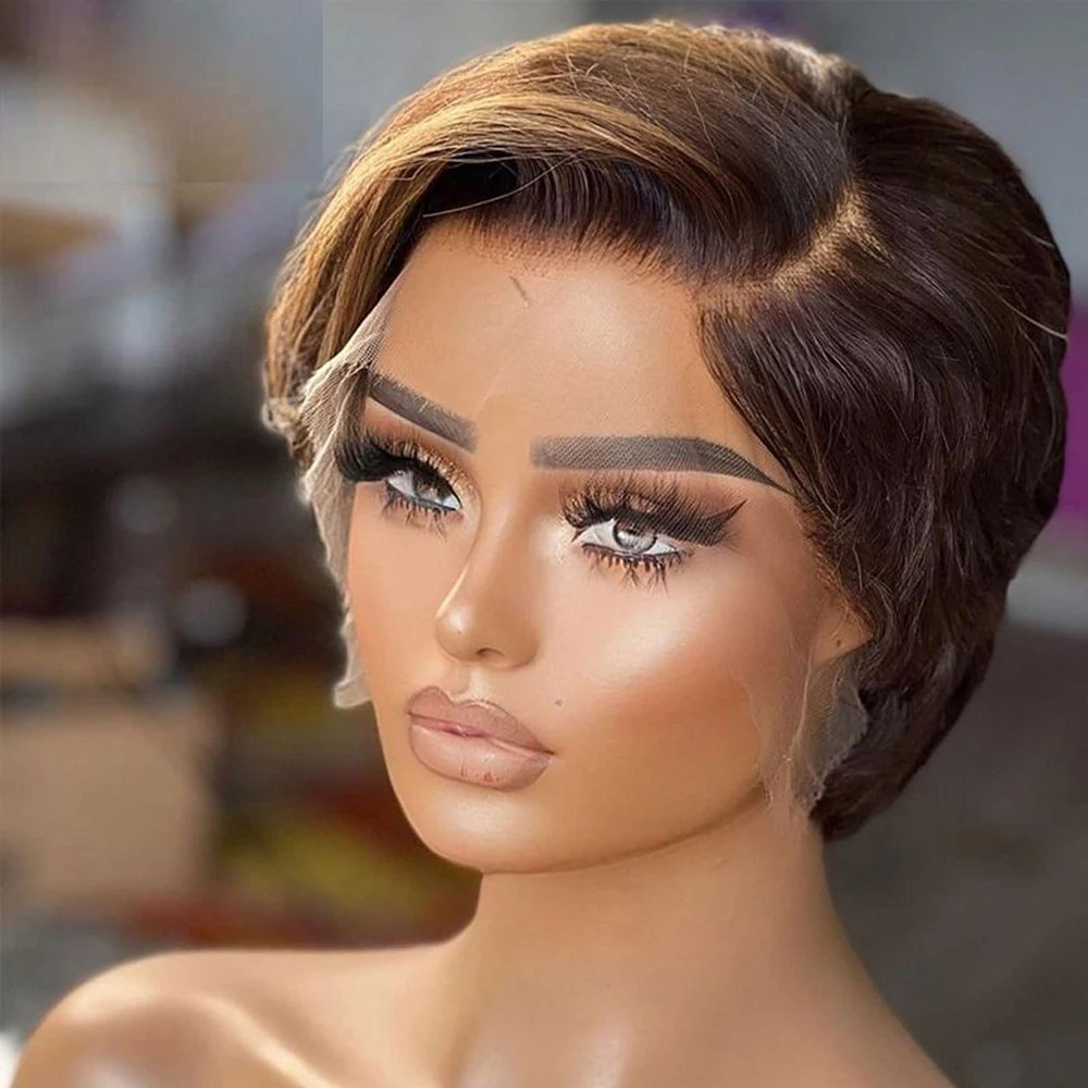 Highlight Honey Blonde Color Pixie Cut Lace Front Wig Short Straight Bob Brazilian Human Hair Wigs For Women