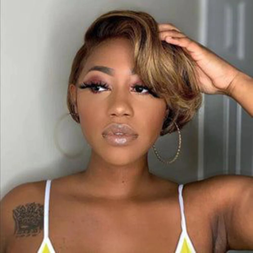 Highlight Honey Blonde Color Pixie Cut Lace Front Wig Short Straight Bob Brazilian Human Hair Wigs For Women