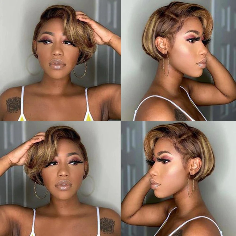 Highlight Honey Blonde Color Pixie Cut Lace Front Wig Short Straight Bob Brazilian Human Hair Wigs For Women