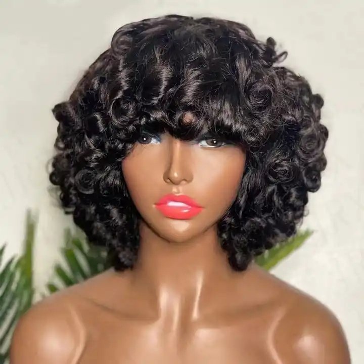 Wholesale 200% density bouncy curly hair wig with bangs 201gram 100% human hair wigs loose wave original hair extension