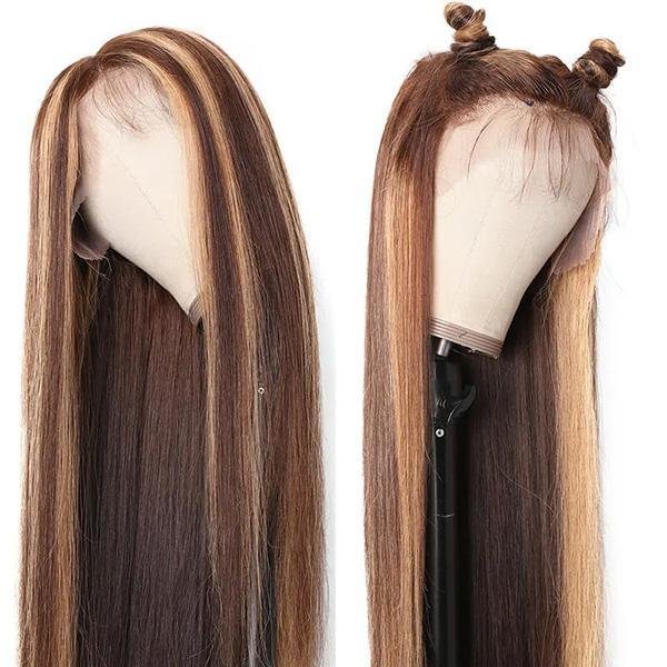 MODERN SHOW Highlight Brown Colored Human Hair Wigs Ombre Straight Lace Front Wig Highlight Human Hair Wigs