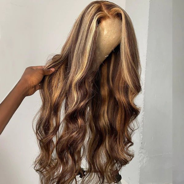 MODERN SHOW Highlight Brown Colored Human Hair Wigs Ombre Straight Lace Front Wig Highlight Human Hair Wigs