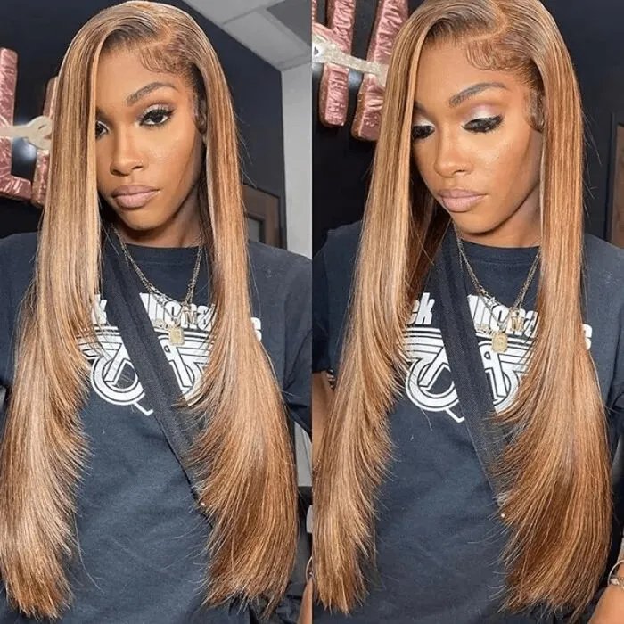 MODERN SHOW Highlight Brown Colored Human Hair Wigs Ombre Straight Lace Front Wig Highlight Human Hair Wigs
