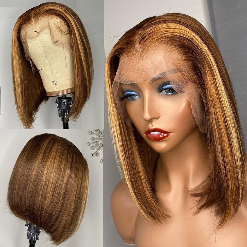 MODERN SHOW Highlight Brown Colored Human Hair Wigs Ombre Straight Lace Front Wig Highlight Human Hair Wigs