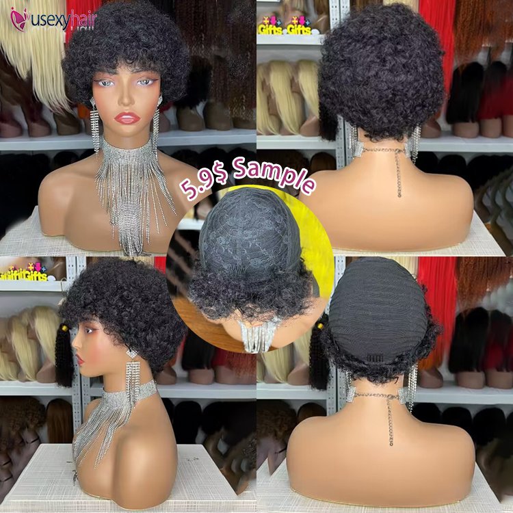 Brazilian Hair Short Machine Made Wig Afro Kinky Curly Wig Natural Color Remy Black Color Human Hair Wigs For Women