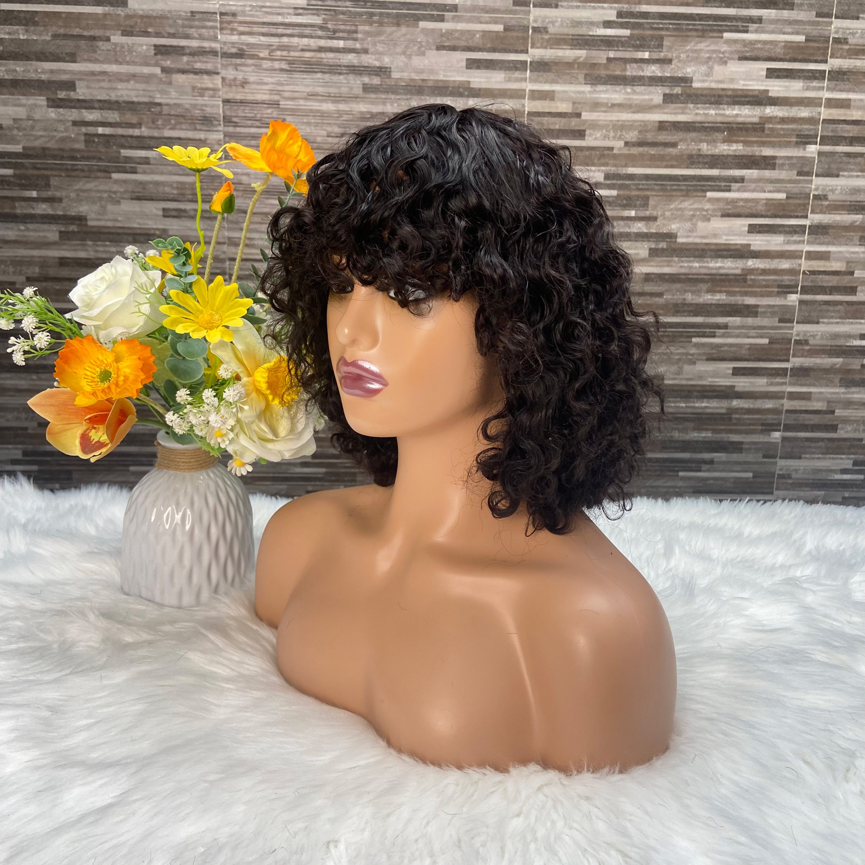 Water wave machine made bob wig,Brazilian Remy Hair 100% human hair wig,Natural color Short water wave Bob With Bangs Wigs
