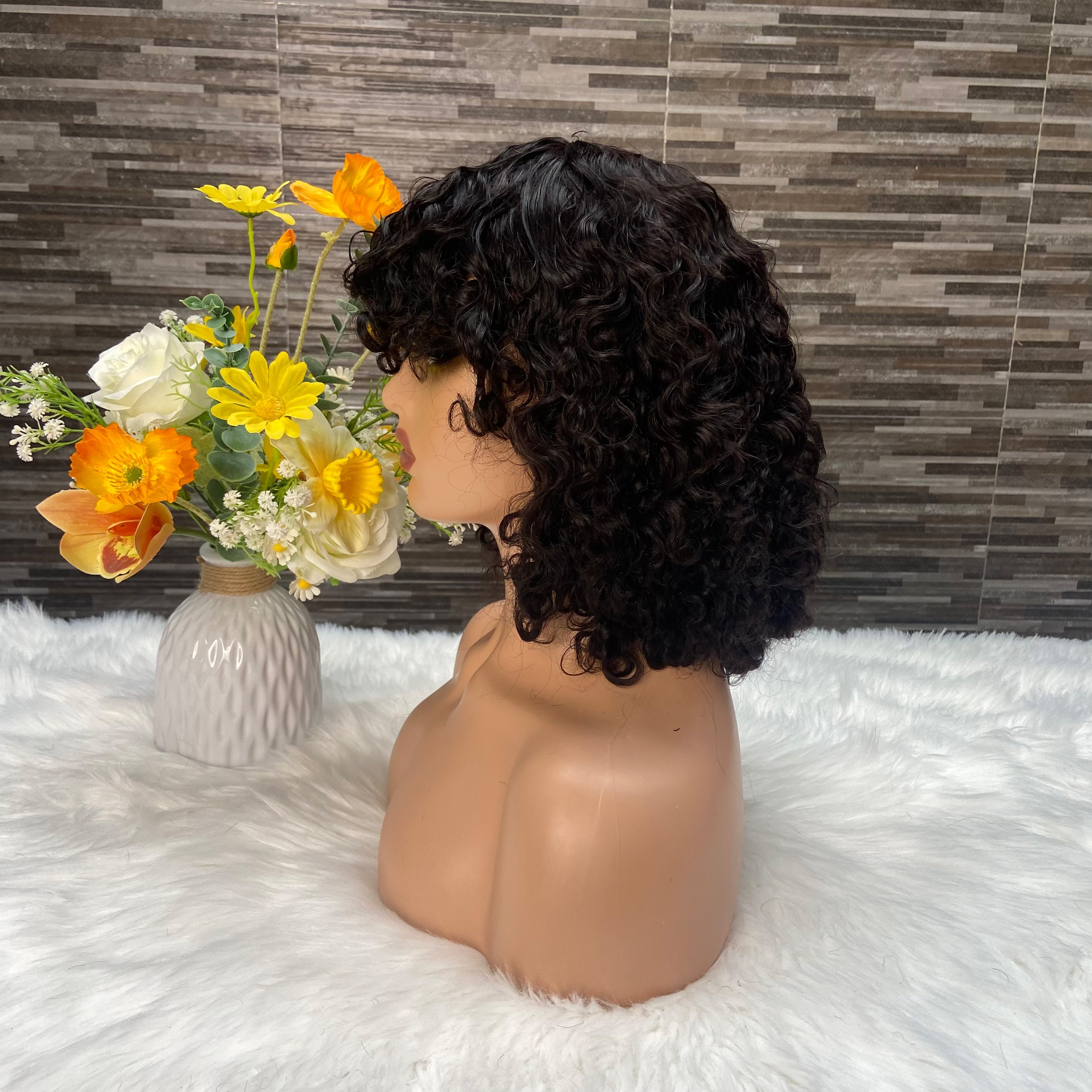 Water wave machine made bob wig,Brazilian Remy Hair 100% human hair wig,Natural color Short water wave Bob With Bangs Wigs