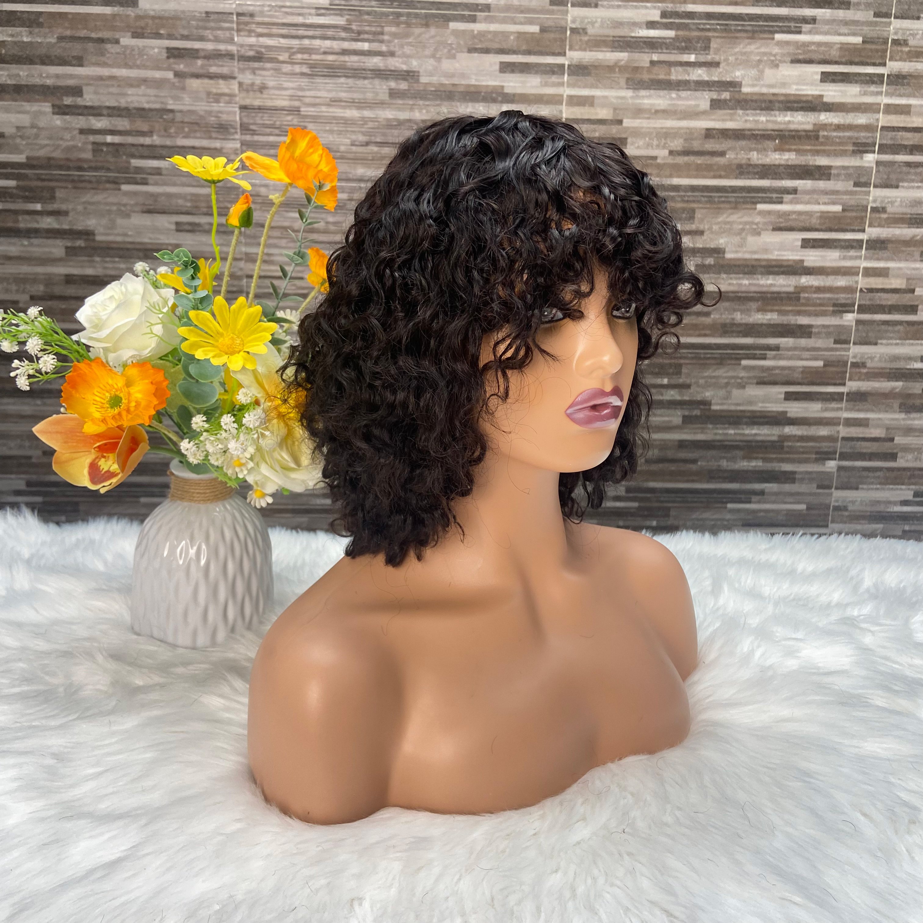 Water wave machine made bob wig,Brazilian Remy Hair 100% human hair wig,Natural color Short water wave Bob With Bangs Wigs
