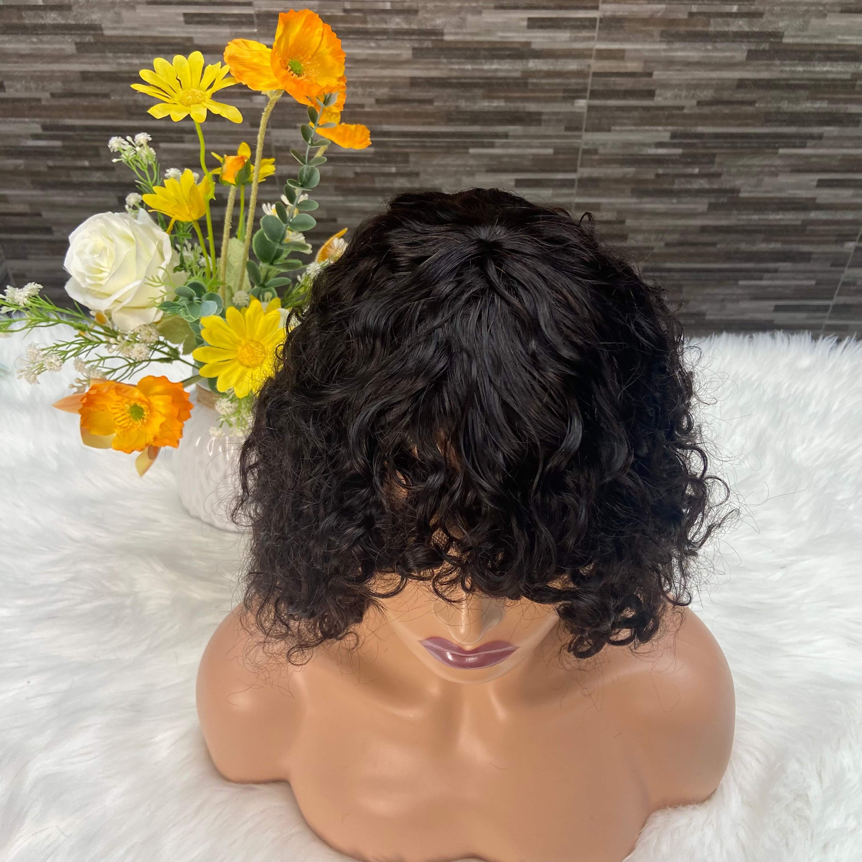 Water wave machine made bob wig,Brazilian Remy Hair 100% human hair wig,Natural color Short water wave Bob With Bangs Wigs