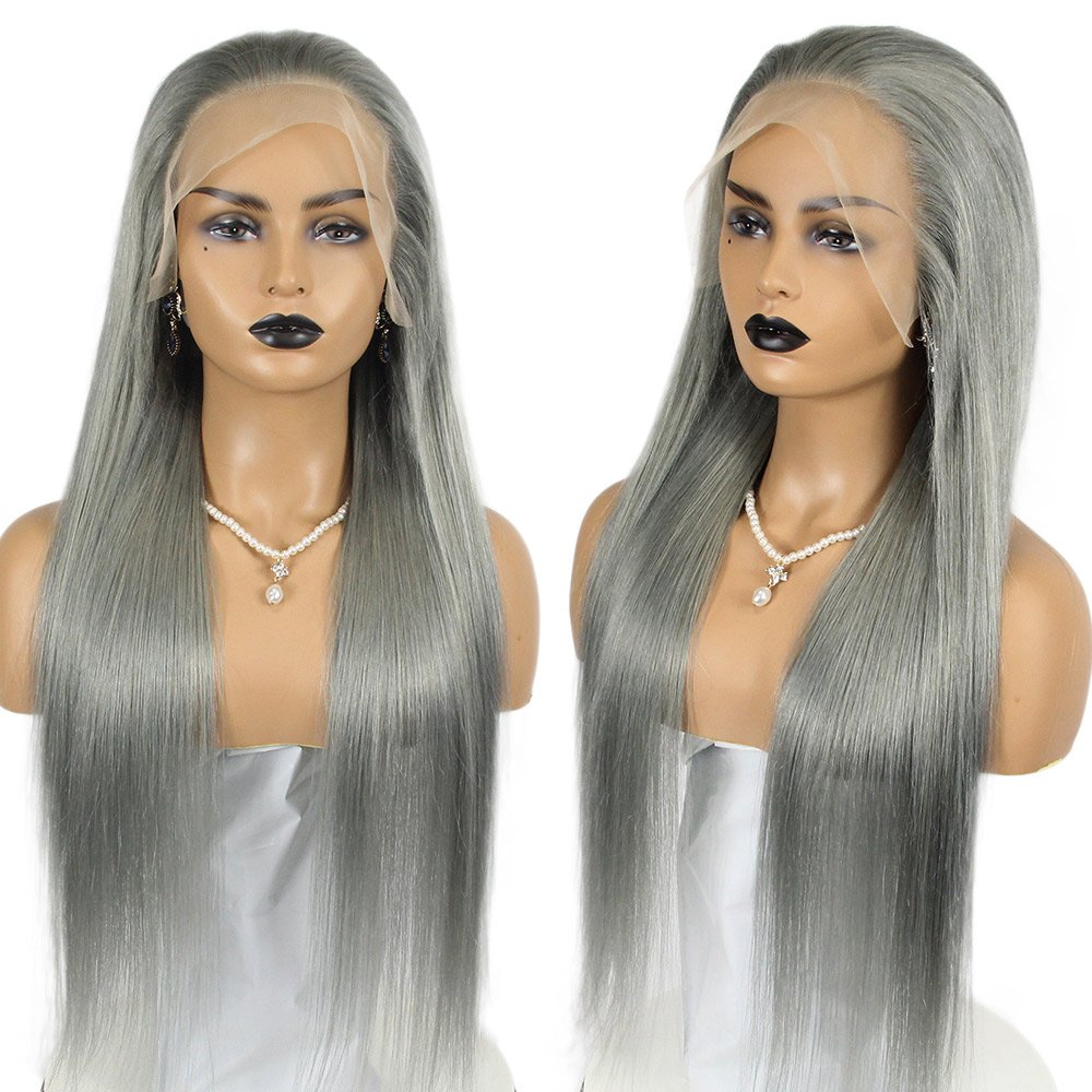 wholesale Light color Salt and pepper grey wigs human hair, HD pre plucked Brazilian 13*4 lace frontal wig on sale