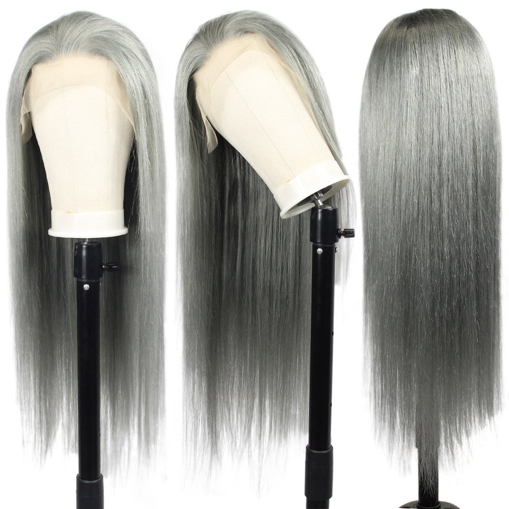 wholesale Light color Salt and pepper grey wigs human hair, HD pre plucked Brazilian 13*4 lace frontal wig on sale