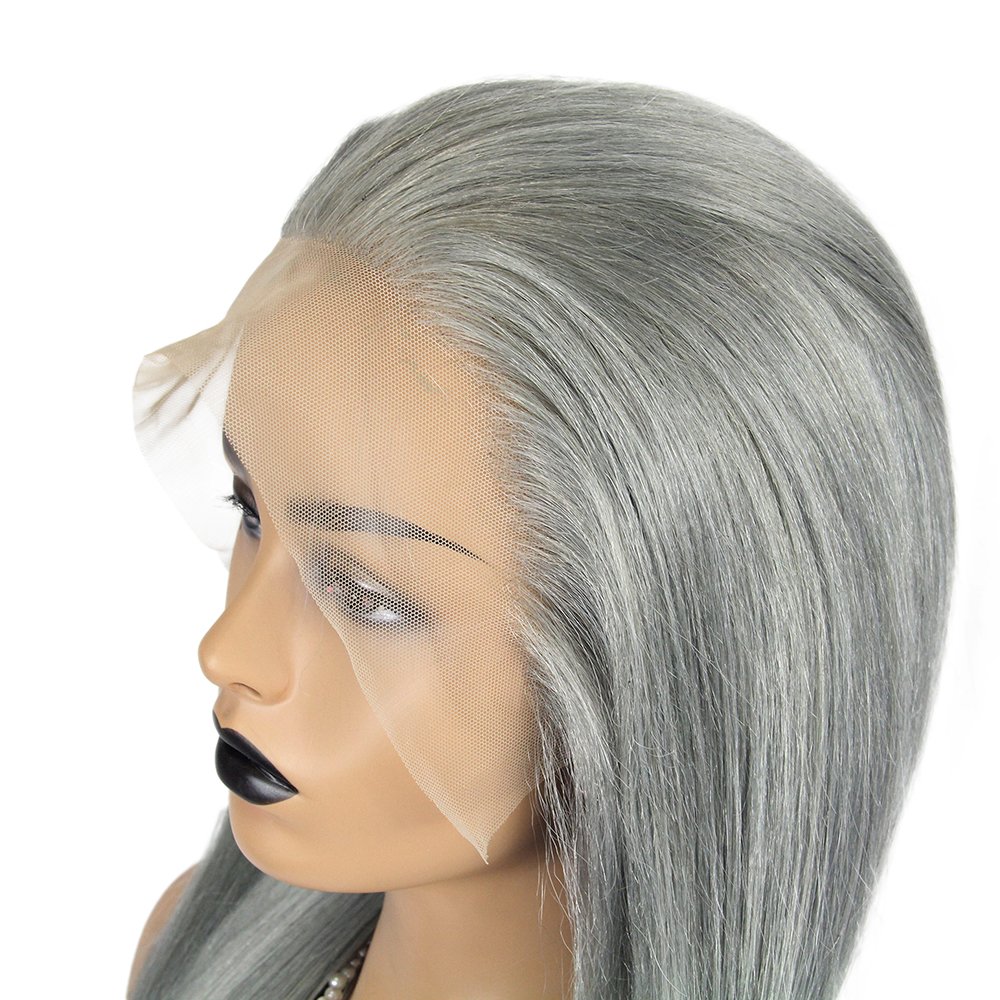 wholesale Light color Salt and pepper grey wigs human hair, HD pre plucked Brazilian 13*4 lace frontal wig on sale