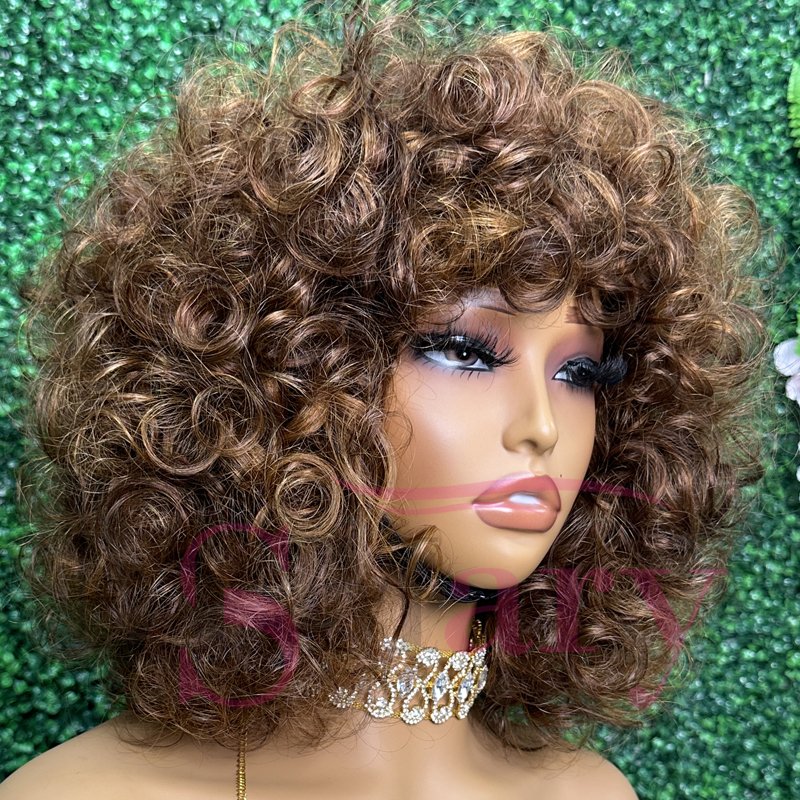 Cheap 100% Raw Indian Human Hair Wigs with Bang 15A Grade Super Double Drawn Short Bouncy Curly Wear and Go Glueless Wigs