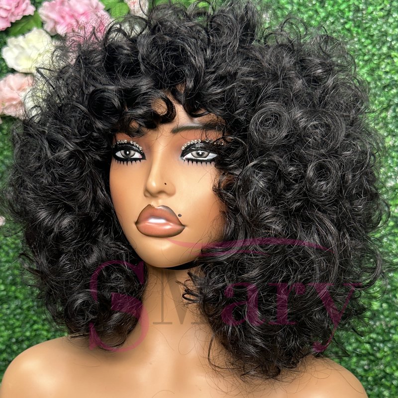 Cheap 100% Raw Indian Human Hair Wigs with Bang 15A Grade Super Double Drawn Short Bouncy Curly Wear and Go Glueless Wigs