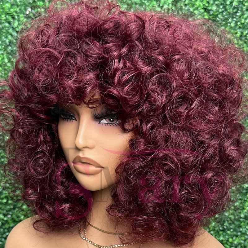 Cheap 100% Raw Indian Human Hair Wigs with Bang 15A Grade Super Double Drawn Short Bouncy Curly Wear and Go Glueless Wigs