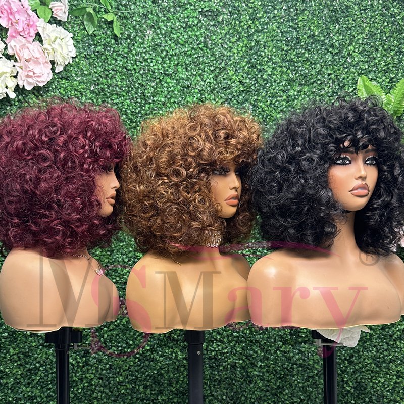 Cheap 100% Raw Indian Human Hair Wigs with Bang 15A Grade Super Double Drawn Short Bouncy Curly Wear and Go Glueless Wigs