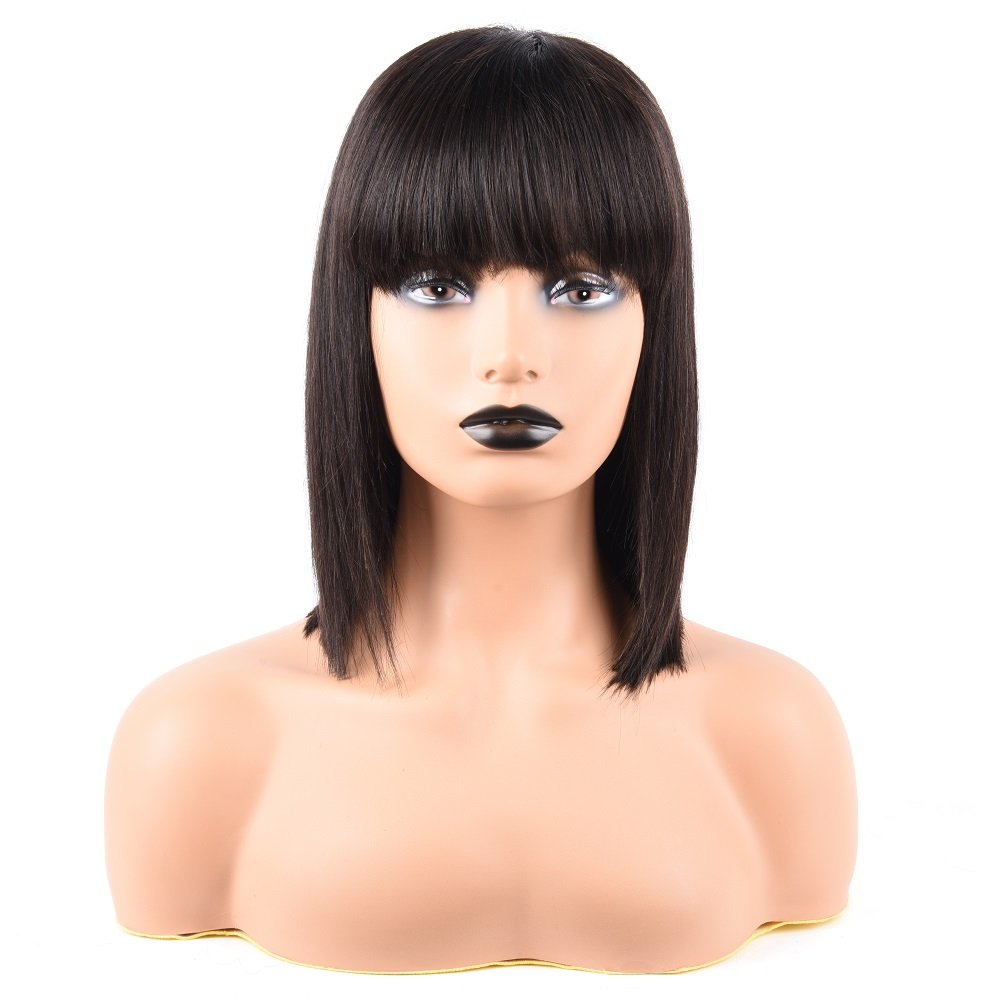 Natural Brown Machine Made Human Hair Wigs Short Bob Wigs with Bangs Glueless Brazilian Hair Bob Cut Wigs