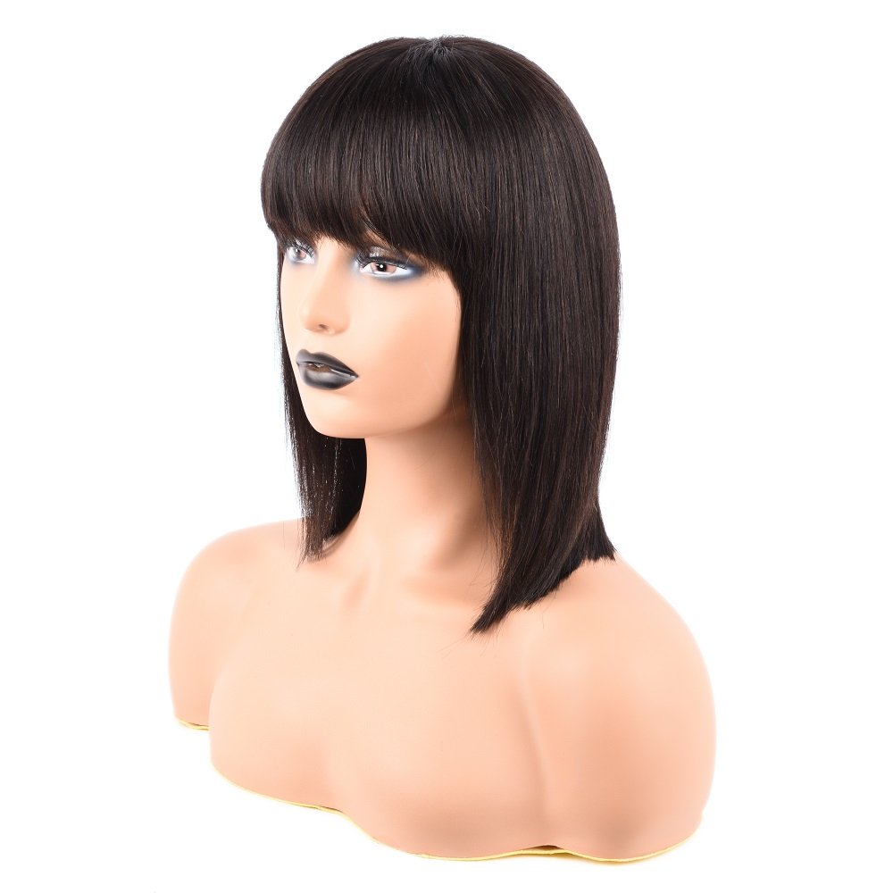 Natural Brown Machine Made Human Hair Wigs Short Bob Wigs with Bangs Glueless Brazilian Hair Bob Cut Wigs