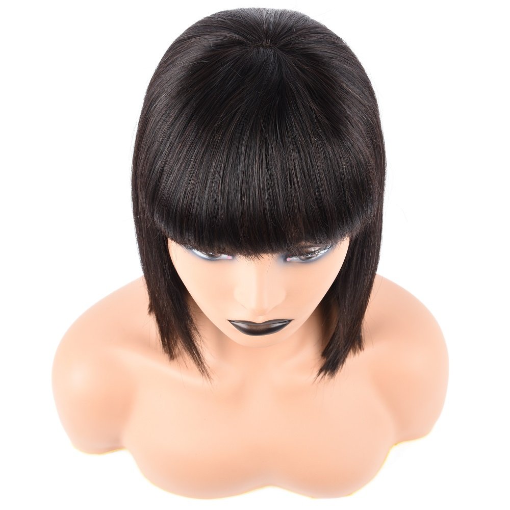 Natural Brown Machine Made Human Hair Wigs Short Bob Wigs with Bangs Glueless Brazilian Hair Bob Cut Wigs