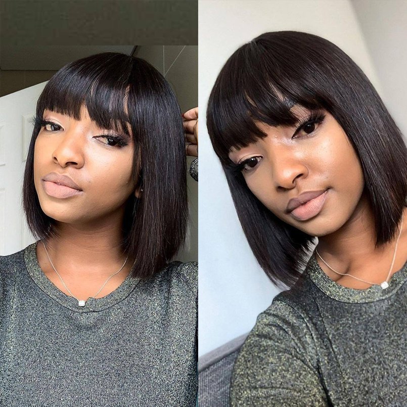 Natural Brown Machine Made Human Hair Wigs Short Bob Wigs with Bangs Glueless Brazilian Hair Bob Cut Wigs