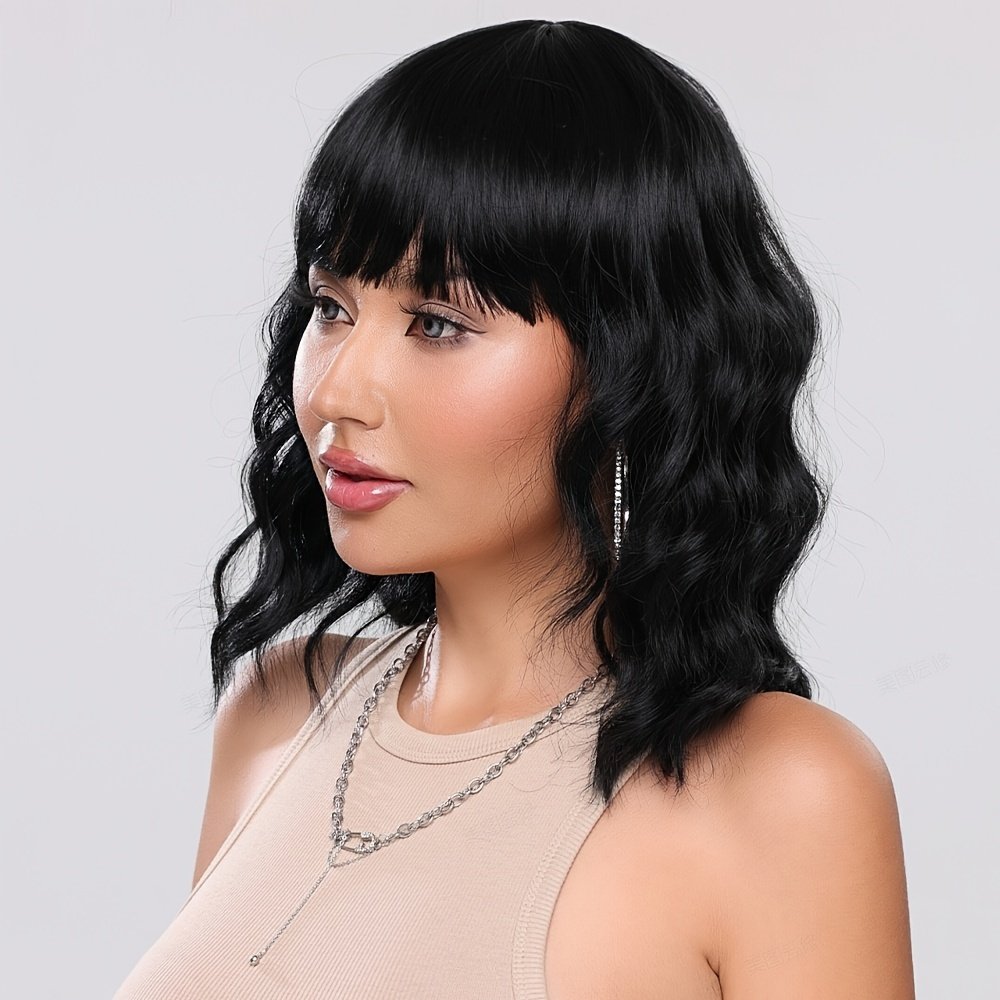 Top quality Short Black Bob Wig With Bangs For Women body wave loose wave texture Bob Wigs 14 Inch