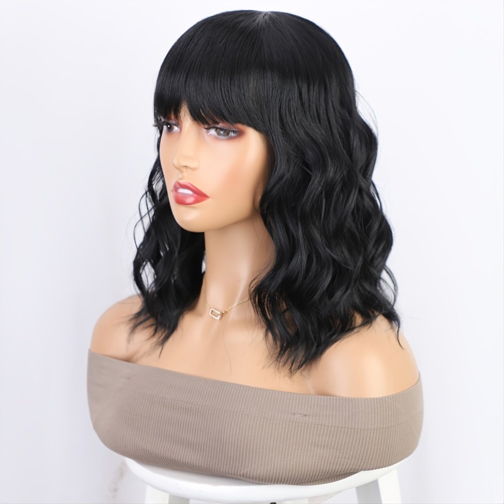 Top quality Short Black Bob Wig With Bangs For Women body wave loose wave texture Bob Wigs 14 Inch