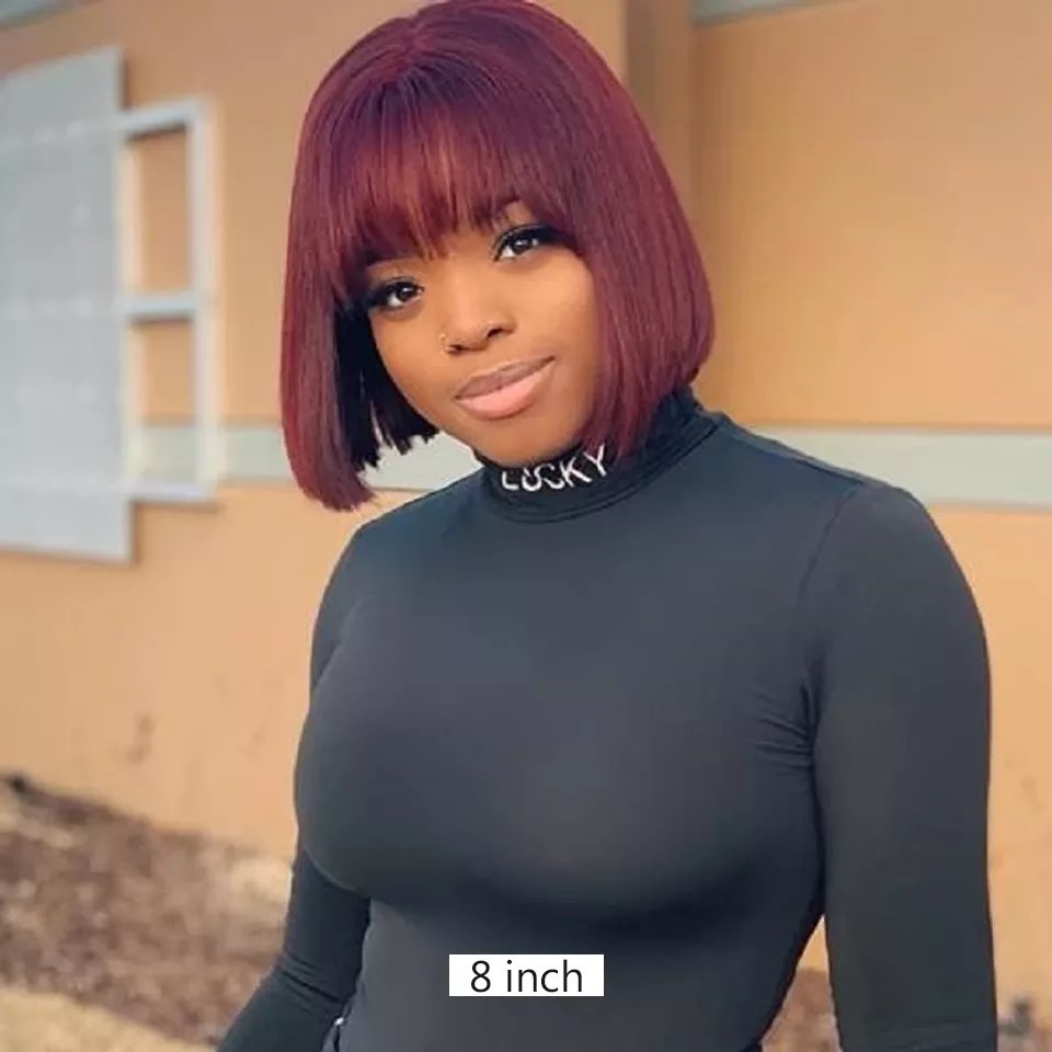 99J Burgundy Red Short Human Hair Wig with Fringe for Women Straight Remy Hair Bob Wigs With Bangs Dark Brown Balayage Color