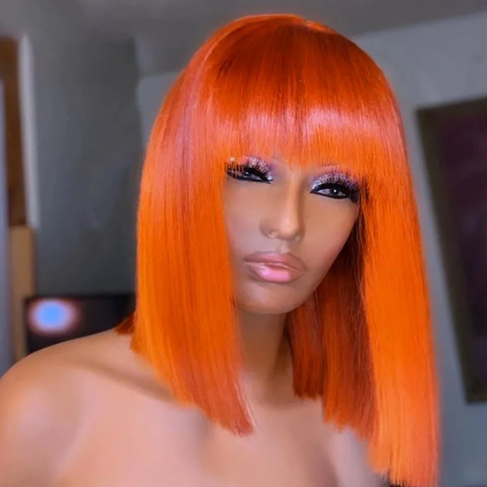 99J Burgundy Red Short Human Hair Wig with Fringe for Women Straight Remy Hair Bob Wigs With Bangs Dark Brown Balayage Color