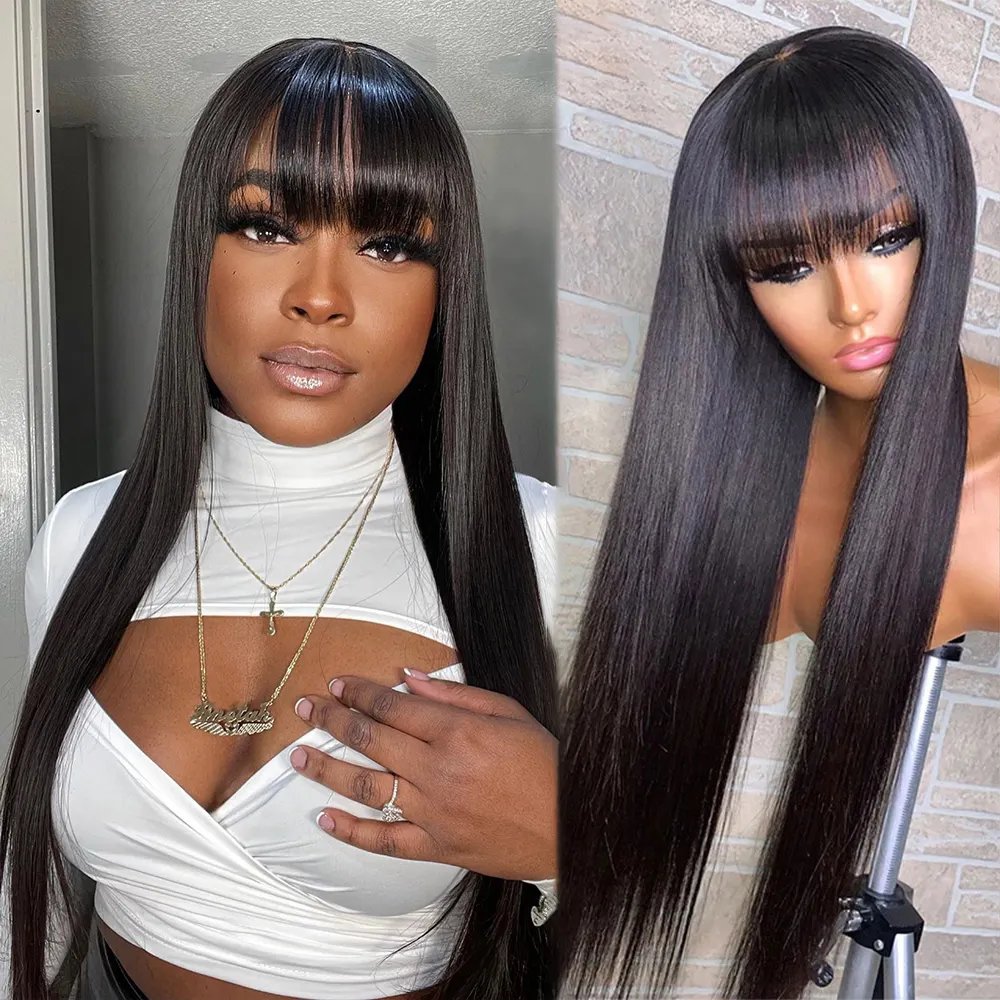 Brown Natural Black Bangs Wigs Natural Human Hair Fringe Machine Made Cuticle Aligned Human Hair Wigs With Bang For Black Women