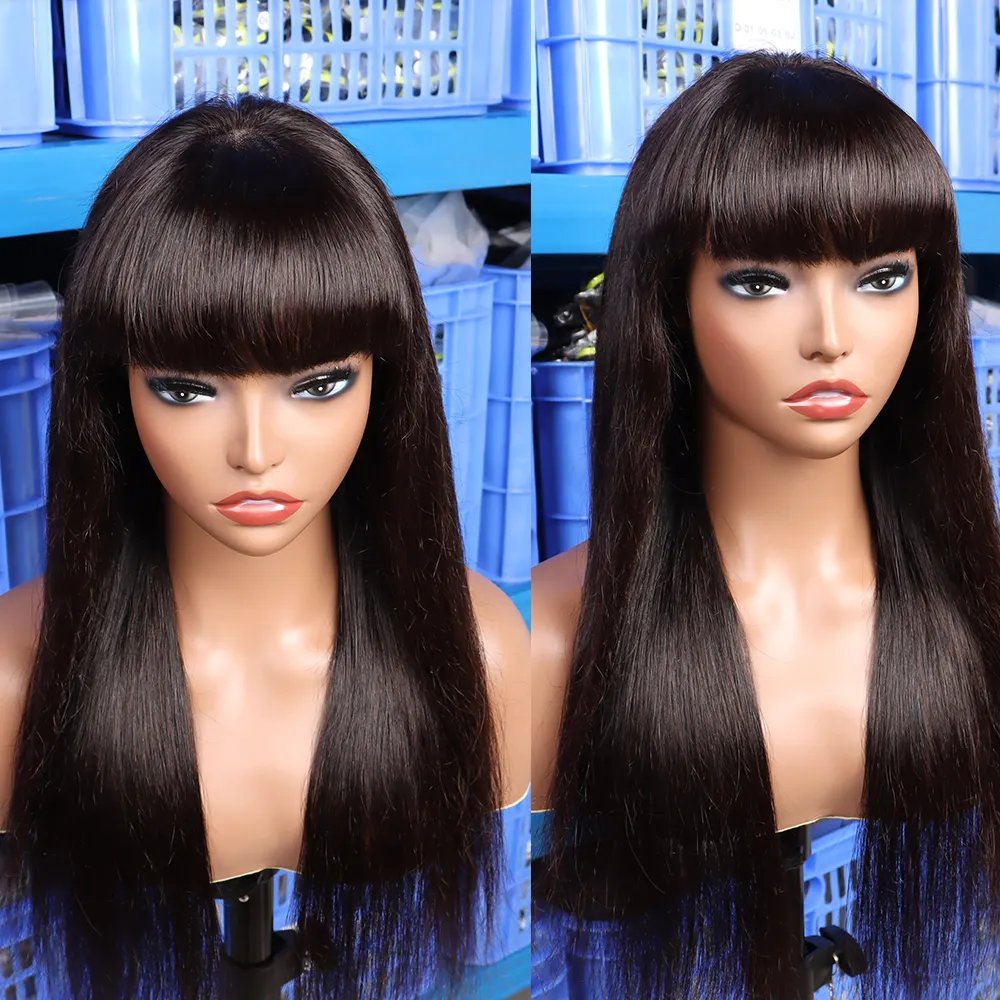 Brown Natural Black Bangs Wigs Natural Human Hair Fringe Machine Made Cuticle Aligned Human Hair Wigs With Bang For Black Women