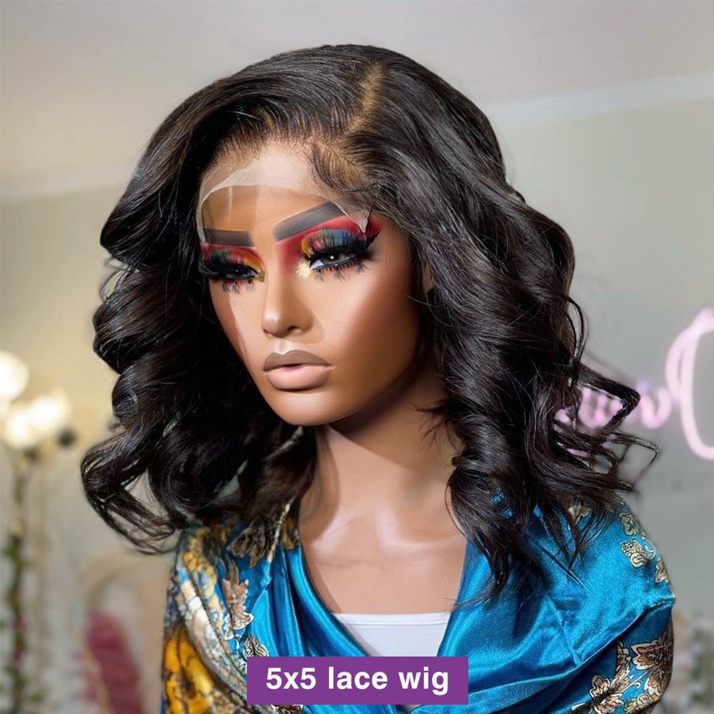 13x4 HD Lace Front Short Bob Wig Glueless and Pre-Plucked Loose Body Wave Natural Black Color Women's Human Hair Wigs