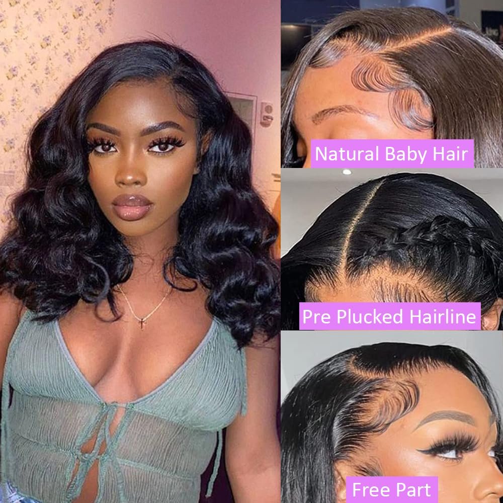 13x4 HD Lace Front Short Bob Wig Glueless and Pre-Plucked Loose Body Wave Natural Black Color Women's Human Hair Wigs