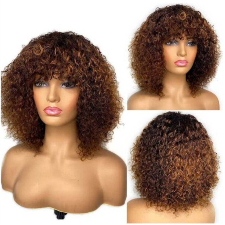 High Quality Brown 27# Machine Made Pixie Curly Bobo Wigs Brazilian Fringe Bangs Curly Bob 250% Density Human Hair Wig Black