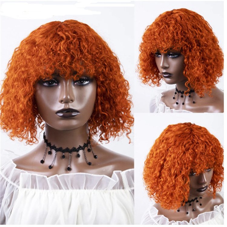 High Quality Brown 27# Machine Made Pixie Curly Bobo Wigs Brazilian Fringe Bangs Curly Bob 250% Density Human Hair Wig Black