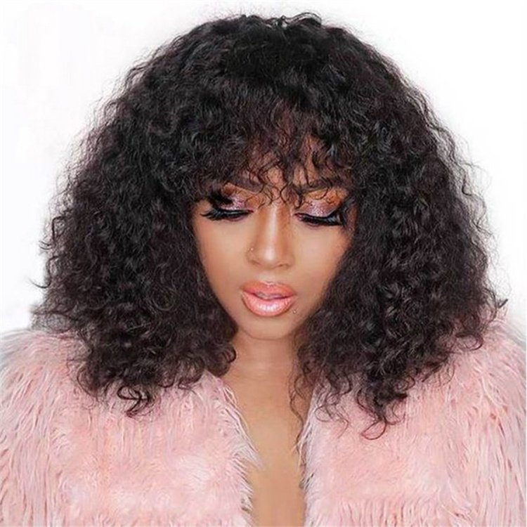 High Quality Brown 27# Machine Made Pixie Curly Bobo Wigs Brazilian Fringe Bangs Curly Bob 250% Density Human Hair Wig Black