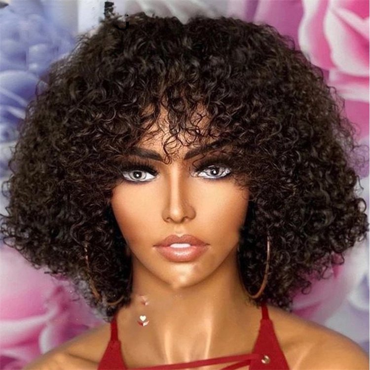 High Quality Brown 27# Machine Made Pixie Curly Bobo Wigs Brazilian Fringe Bangs Curly Bob 250% Density Human Hair Wig Black
